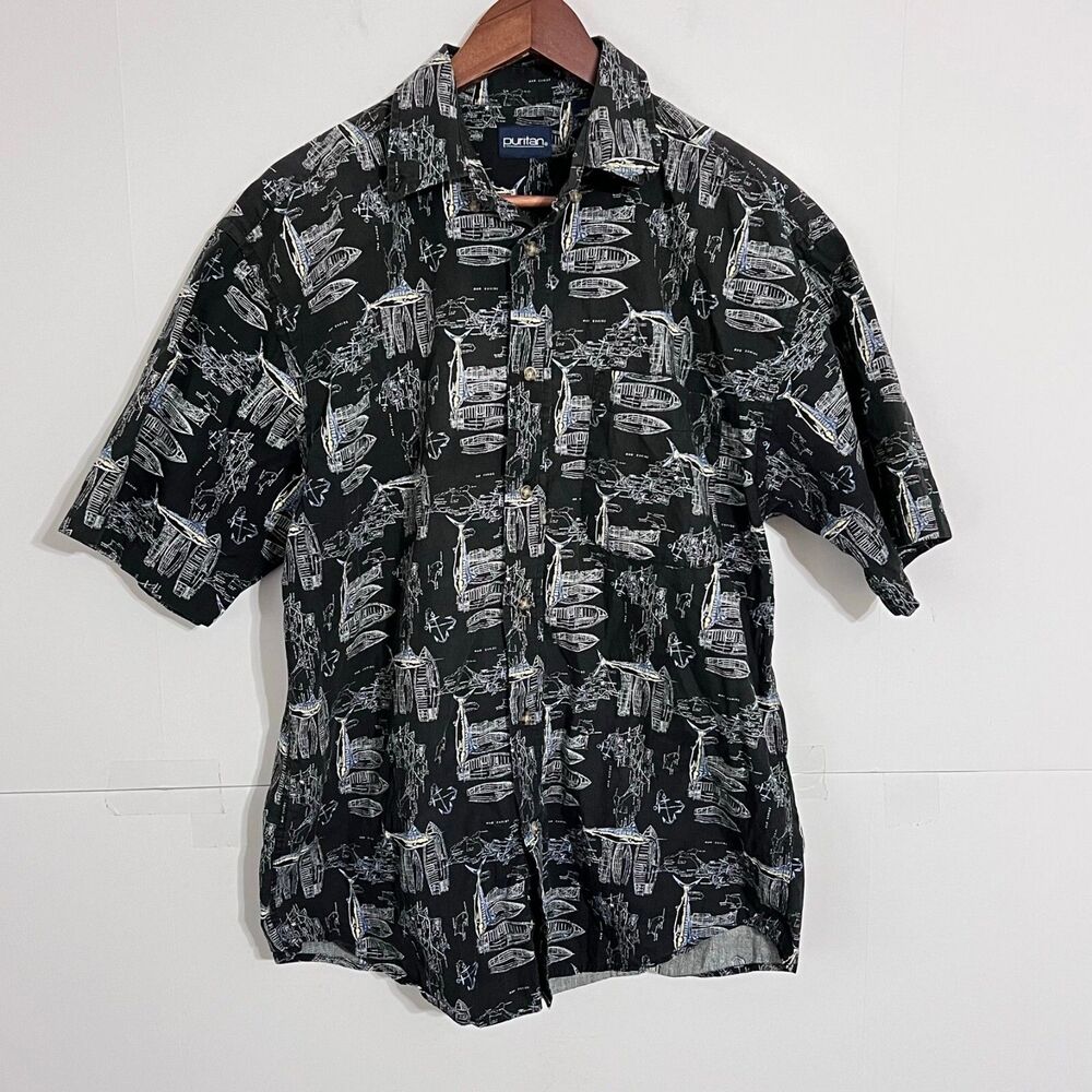 Vintage Puritan Mens Hawaiian Shirt Size M Black Fishing Boat Marlin Print